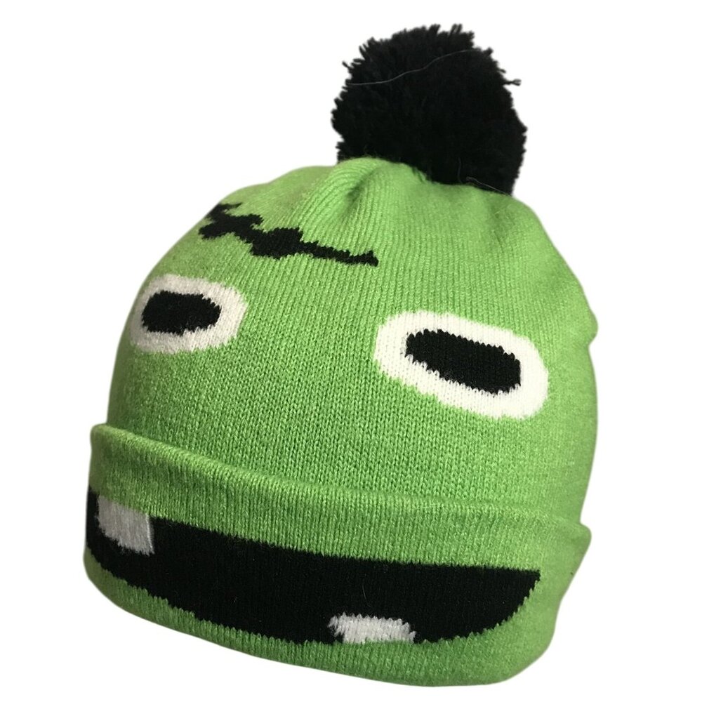 Monster Face Winter Hat Kids Green Knit Beanie Black Pom Pom